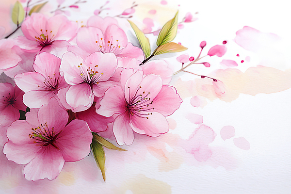 JPG 꽃잎 분홍색 일러스트 나뭇잎 수채화 사람없음 봄 벚꽃 번짐 국내일러스트 AI일러스트 AI콘텐츠 계절 꽃 컬러 잎 파일형식 효과