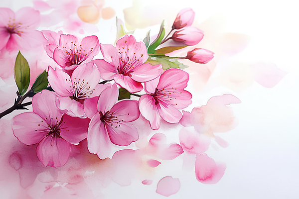 JPG 꽃잎 분홍색 일러스트 나뭇잎 수채화 사람없음 봄 벚꽃 번짐 국내일러스트 AI일러스트 AI콘텐츠 계절 꽃 컬러 잎 파일형식 효과