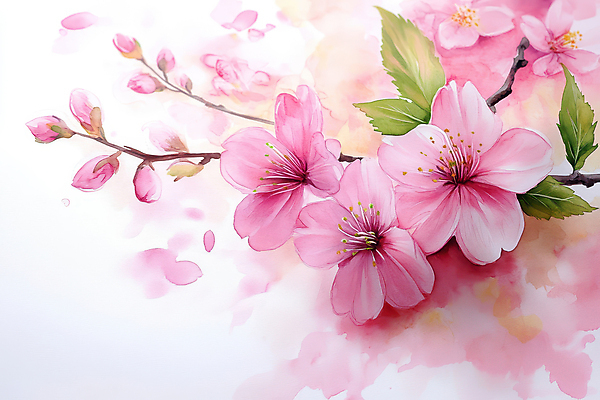 JPG 꽃잎 분홍색 일러스트 나뭇잎 수채화 사람없음 봄 벚꽃 번짐 국내일러스트 AI일러스트 AI콘텐츠 계절 꽃 컬러 잎 파일형식 효과