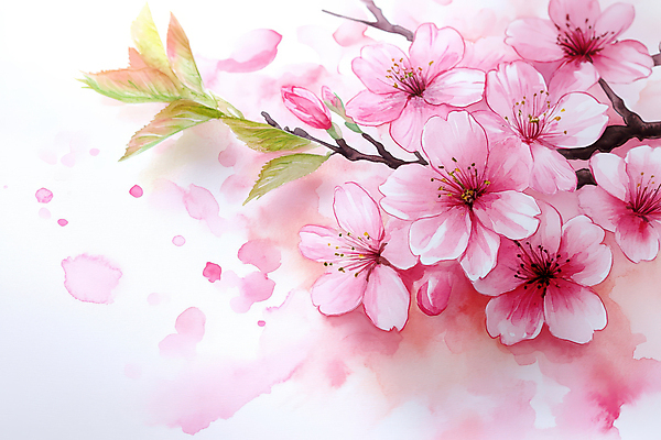 JPG 꽃잎 분홍색 일러스트 나뭇잎 수채화 사람없음 봄 벚꽃 번짐 국내일러스트 AI일러스트 AI콘텐츠 계절 꽃 컬러 잎 파일형식 효과