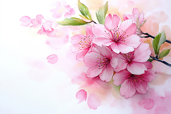 JPG 꽃잎 분홍색 일러스트 나뭇잎 수채화 사람없음 봄 벚꽃 번짐 국내일러스트 AI일러스트 AI콘텐츠 계절 꽃 컬러 잎 파일형식 효과