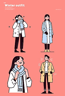 전신 여자 패션 남자 허리손 장갑 겨울 일러스트 부츠 미소 여러명 상반신 성인 빨간색 목도리 코트 귀마개 겨울옷 비니 방한의류 아우터 눈내림 성인만 국내일러스트 일러캐릭터 AI파일 캐릭터 모자_잡화 잡화 옷 계절 컬러 포즈 다수 신발 눈_날씨 표정 사람 외투 파일형식 벡터