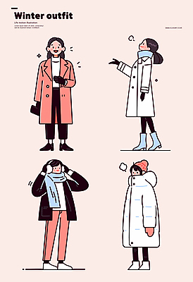 전신 여자 패션 남자 분홍색 장갑 겨울 일러스트 부츠 미소 들기 여러명 성인 반짝임 손들기 목도리 점퍼 코트 수증기 귀마개 겨울옷 비니 방한의류 아우터 성인만 국내일러스트 일러캐릭터 AI파일 캐릭터 모자_잡화 잡화 옷 계절 컬러 다수 신발 모션 표정 사람 외투 파일형식 벡터