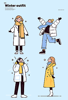 전신 여자 패션 남자 장갑 겨울 일러스트 부츠 미소 여러명 성인 파란색 반짝임 점프 목도리 점퍼 코트 귀마개 겨울옷 비니 방한의류 아우터 눈내림 성인만 국내일러스트 일러캐릭터 AI파일 캐릭터 모자_잡화 잡화 옷 계절 컬러 다수 신발 모션 눈_날씨 표정 사람 외투 파일형식 벡터