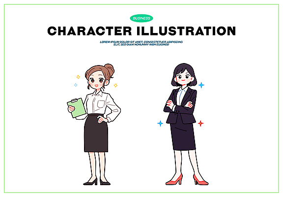전신 여자 허리손 일러스트 미소 들기 정장 성인 두명 파란색 반짝임 팔짱 검은색 업무 직장인 비즈니스우먼 비즈니스캐릭터 서류판 성인여자만 일러캐릭터 AI파일 직업 캐릭터 옷 컬러 포즈 비즈니스 모션 표정 사람 사무용품 작업 여자만 성인만 파일형식 벡터