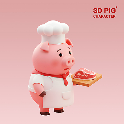 PSD 편집이미지 분홍색 3D캐릭터 요리사모자 돼지고기 미소 들기 사람없음 3D 앞치마 돼지캐릭터 나무도마 편집3D 캐릭터 모자_잡화 컬러 동물캐릭터 모션 도마 표정 육류 목재 요리사 돼지 디지털합성 파일형식