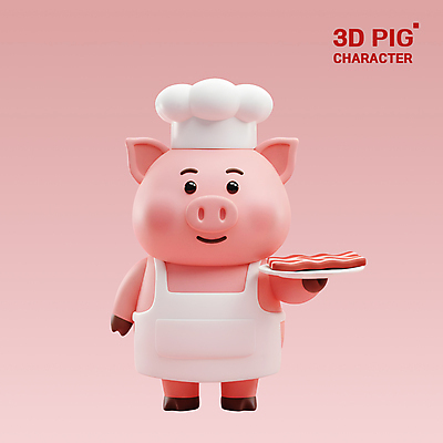 PSD 편집이미지 그릇 분홍색 3D캐릭터 요리사모자 미소 들기 사람없음 3D 앞치마 베이컨 돼지캐릭터 편집3D 캐릭터 모자_잡화 식기 컬러 동물캐릭터 모션 표정 돼지고기 요리사 돼지 디지털합성 파일형식