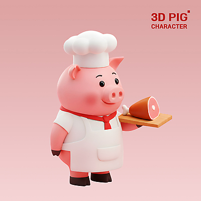 PSD 편집이미지 분홍색 3D캐릭터 요리사모자 돼지고기 미소 들기 사람없음 3D 앞치마 돼지캐릭터 나무도마 편집3D 캐릭터 모자_잡화 컬러 동물캐릭터 모션 도마 표정 육류 목재 요리사 돼지 디지털합성 파일형식