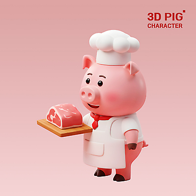 PSD 편집이미지 분홍색 3D캐릭터 요리사모자 돼지고기 미소 들기 사람없음 3D 앞치마 돼지캐릭터 나무도마 편집3D 캐릭터 모자_잡화 컬러 동물캐릭터 모션 도마 표정 육류 목재 요리사 돼지 디지털합성 파일형식