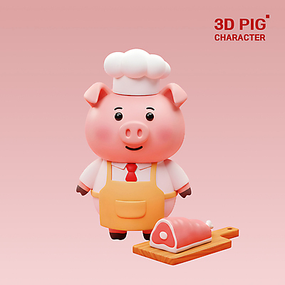 PSD 편집이미지 분홍색 3D캐릭터 요리사모자 돼지고기 미소 사람없음 3D 앞치마 돼지캐릭터 나무도마 편집3D 캐릭터 모자_잡화 컬러 동물캐릭터 도마 표정 육류 목재 요리사 돼지 디지털합성 파일형식