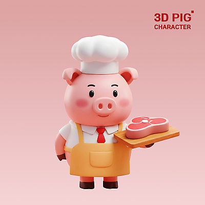 PSD 편집이미지 분홍색 3D캐릭터 요리사모자 돼지고기 미소 들기 사람없음 3D 앞치마 돼지캐릭터 나무도마 편집3D 캐릭터 모자_잡화 컬러 동물캐릭터 모션 도마 표정 육류 목재 요리사 돼지 디지털합성 파일형식
