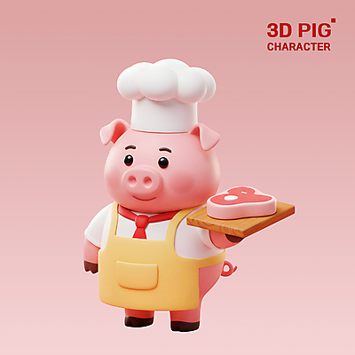 PSD 편집이미지 분홍색 3D캐릭터 요리사모자 돼지고기 미소 들기 사람없음 3D 앞치마 돼지캐릭터 나무도마 편집3D 캐릭터 모자_잡화 컬러 동물캐릭터 모션 도마 표정 육류 목재 요리사 돼지 디지털합성 파일형식