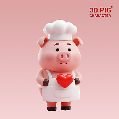 PSD 편집이미지 분홍색 3D캐릭터 요리사모자 미소 사람없음 3D 앞치마 하트 돼지캐릭터 편집3D 모양 캐릭터 모자_잡화 컬러 동물캐릭터 표정 요리사 돼지 디지털합성 파일형식