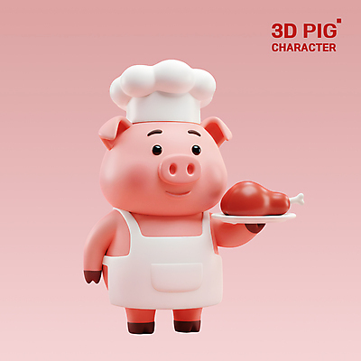 PSD 편집이미지 그릇 분홍색 3D캐릭터 요리사모자 돼지고기 미소 들기 사람없음 3D 앞치마 돼지캐릭터 편집3D 캐릭터 모자_잡화 식기 컬러 동물캐릭터 모션 표정 육류 요리사 돼지 디지털합성 파일형식