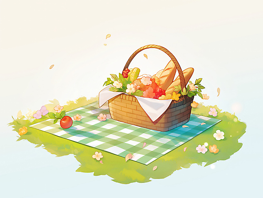 JPG 꽃 여유 일러스트 잔디 사람없음 햇빛 평화 바게트 돗자리 체크무늬 봄소풍 음식바구니 국내일러스트 AI일러스트 AI콘텐츠 식물 감정 음식 빵 컨셉 무늬 태양 소풍 바구니 봄 파일형식