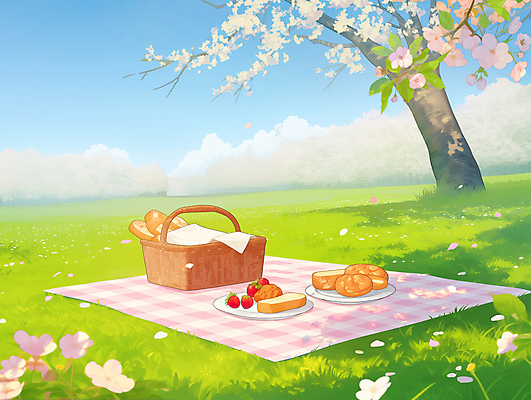 JPG 나무 여유 일러스트 하늘 딸기 잔디 사람없음 햇빛 평화 벚꽃 바게트 식빵 돗자리 체크무늬 봄소풍 음식바구니 국내일러스트 AI일러스트 AI콘텐츠 식물 꽃 감정 음식 빵 컨셉 무늬 과일 태양 소풍 바구니 봄 파일형식