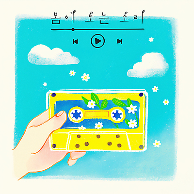 PSD 구름 손 꽃 하늘색 잎 일러스트 들기 신체부위 노란색 맑음 봄 카세트테이프 재생 플레이리스트 국내일러스트 자연요소 식물 계절 음악 컬러 모션 날씨 사람 파란색 파일형식
