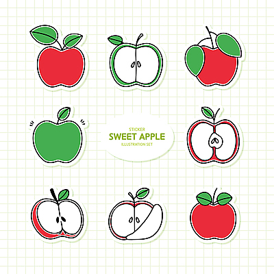 스티커 잎 일러스트 단면 사람없음 세트 사과 격자 풋사과 엘리먼트 국내일러스트 AI파일 식물 무늬 과일 파일형식 벡터