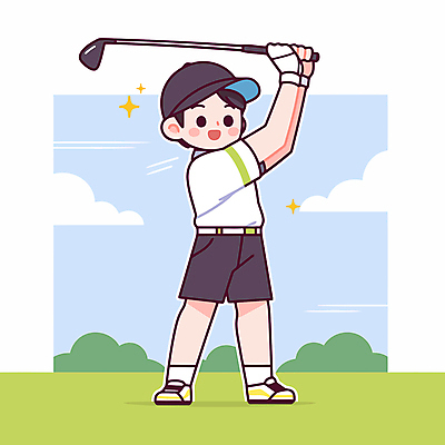 전신 구름 모자 남자 어린이 일러스트 골프장 한명 미소 들기 소년 잔디 취미 반짝임 골프채 스윙 소년한명만 국내일러스트 AI파일 자연요소 식물 1 잡화 포즈 골프 스포츠시설 모션 골프용품 표정 사람 남자한명만 소년만 파일형식 벡터