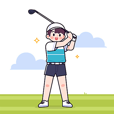 전신 구름 모자 남자 어린이 일러스트 골프장 한명 미소 들기 소년 잔디 취미 반짝임 골프채 스윙 소년한명만 국내일러스트 AI파일 자연요소 식물 1 잡화 포즈 골프 스포츠시설 모션 골프용품 표정 사람 남자한명만 소년만 파일형식 벡터