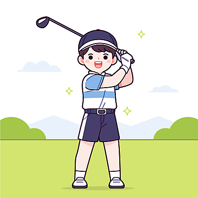전신 구름 모자 남자 어린이 일러스트 골프장 한명 미소 들기 소년 잔디 취미 반짝임 골프채 스윙 소년한명만 국내일러스트 AI파일 자연요소 식물 1 잡화 포즈 골프 스포츠시설 모션 골프용품 표정 사람 남자한명만 소년만 파일형식 벡터