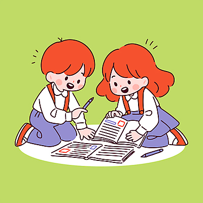 전신 여자 어린이교육 남자 교복 어린이 일러스트 미소 들기 소녀 소년 두명 책 초록색 친구 학습 펜 무릎꿇기 교과서 어린이만 국내일러스트 AI파일 옷 교육 컬러 관계 모션 교재 표정 사람 필기구 파일형식 벡터