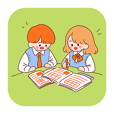 여자 어린이교육 남자 교복 어린이 일러스트 미소 들기 소녀 소년 상반신 두명 책 초록색 친구 학습 펜 책상 교과서 어린이만 국내일러스트 AI파일 옷 교육 컬러 가구 관계 모션 교재 표정 사람 필기구 파일형식 벡터