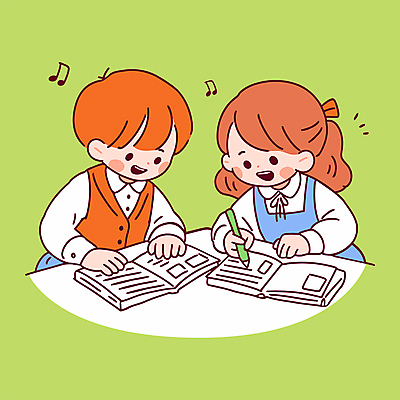 여자 어린이교육 남자 교복 어린이 음표 일러스트 미소 소녀 소년 상반신 두명 책 초록색 친구 학습 펜 잡기 책상 교과서 어린이만 국내일러스트 AI파일 기호 옷 교육 음악 컬러 가구 관계 모션 교재 표정 사람 필기구 파일형식 벡터