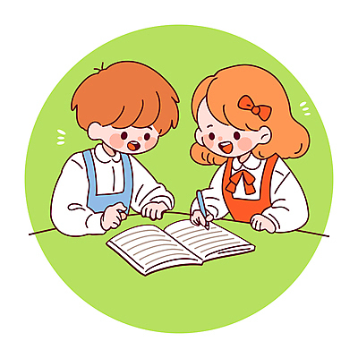 여자 어린이교육 남자 교복 어린이 일러스트 미소 소녀 소년 상반신 두명 책 초록색 친구 학습 펜 가리킴 잡기 책상 교과서 리본핀 어린이만 국내일러스트 AI파일 옷 교육 컬러 가구 관계 모션 교재 표정 사람 손짓 필기구 머리핀 파일형식 벡터