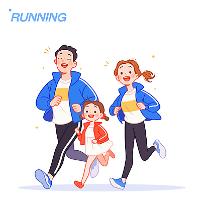 전신 여자 남자 어린이 일러스트 가족 건강 미소 소녀 성인 세명 반짝임 달리기 즐거움 유산소운동 러닝 일러캐릭터 AI파일 캐릭터 감정 관계 모션 표정 사람 운동 파일형식 벡터