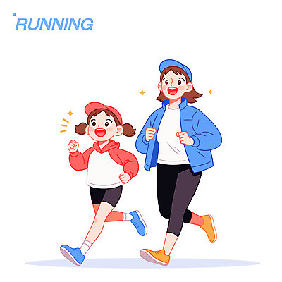전신 모자 여자 어린이 일러스트 가족 건강 미소 소녀 성인 두명 반짝임 달리기 즐거움 유산소운동 러닝 여자만 일러캐릭터 AI파일 캐릭터 잡화 감정 관계 모션 표정 사람 운동 파일형식 벡터