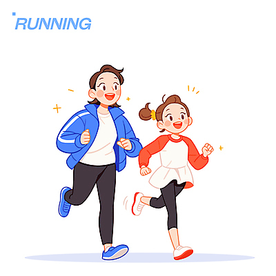 전신 여자 어린이 일러스트 가족 건강 미소 소녀 성인 두명 반짝임 달리기 즐거움 유산소운동 러닝 여자만 일러캐릭터 AI파일 캐릭터 감정 관계 모션 표정 사람 운동 파일형식 벡터