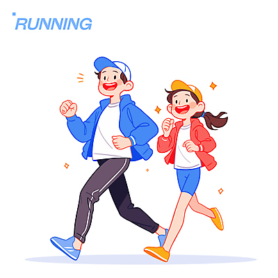 전신 모자 여자 남자 일러스트 가족 청소년 건강 미소 성인 두명 반짝임 달리기 즐거움 유산소운동 러닝 일러캐릭터 AI파일 캐릭터 잡화 감정 관계 모션 표정 사람 운동 파일형식 벡터