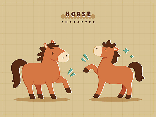 스티커 일러스트 사람없음 반짝임 갈색 귀여움 눈감음 격자 말띠 말캐릭터 다리들기 잘난척 일러캐릭터 병오년 AI파일 캐릭터 컬러 동물캐릭터 컨셉 무늬 모션 십이지신 말_동물 파일형식 벡터 2026년
