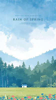 PSD 나무 구름 꽃밭 일러스트 하늘 수채화 산 주택 사람없음 초록색 파란색 봄풍경 봄비 국내일러스트 자연요소 식물 꽃 컬러 풍경 건물 봄 비_날씨 파일형식