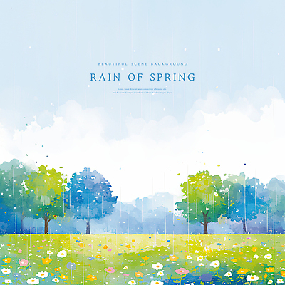 PSD 나무 구름 꽃밭 일러스트 하늘 수채화 사람없음 초록색 파란색 봄풍경 봄비 국내일러스트 자연요소 식물 꽃 컬러 풍경 봄 비_날씨 파일형식