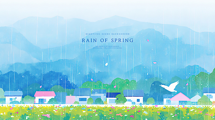 PSD 나무 꽃잎 꽃밭 일러스트 조류 하늘 수채화 주택 사람없음 파란색 마을 봄풍경 봄비 국내일러스트 식물 동물 꽃 컬러 풍경 건물 봄 비_날씨 파일형식