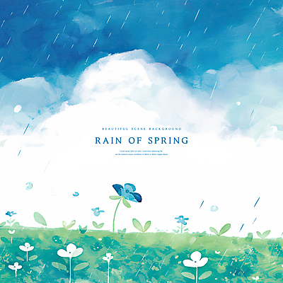 PSD 구름 꽃밭 일러스트 하늘 수채화 사람없음 초록색 파란색 봄풍경 봄비 국내일러스트 자연요소 꽃 컬러 풍경 봄 비_날씨 파일형식