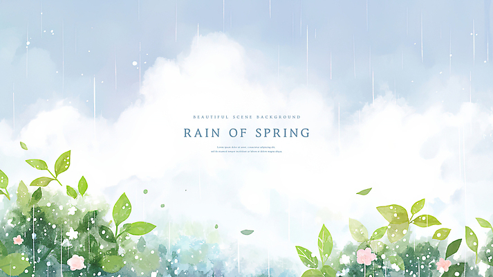 PSD 구름 꽃 일러스트 하늘 수채화 사람없음 초록색 봄풍경 회색 풀잎 봄비 국내일러스트 자연요소 식물 컬러 잎 풍경 봄 풀_식물 비_날씨 파일형식
