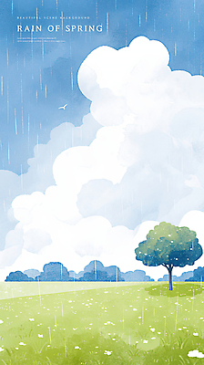 PSD 구름 꽃밭 일러스트 하늘 수채화 한그루 사람없음 초록색 파란색 봄풍경 봄비 국내일러스트 자연요소 나무 1 꽃 컬러 풍경 봄 비_날씨 파일형식