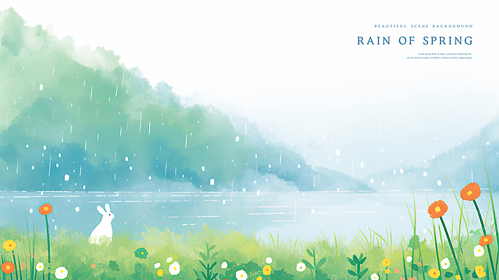 PSD 한마리 호수 꽃밭 일러스트 하늘 수채화 산 사람없음 초록색 파란색 봄풍경 안개 토끼 봄비 국내일러스트 1 꽃 컬러 포유류 날씨 풍경 반려동물 봄 비_날씨 파일형식