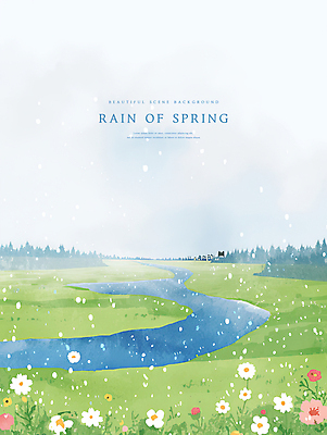 PSD 나무 꽃밭 일러스트 하늘 수채화 사람없음 초록색 파란색 강 봄풍경 안개 봄비 국내일러스트 식물 꽃 컬러 날씨 풍경 봄 비_날씨 파일형식