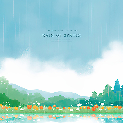 PSD 구름 호수 꽃밭 일러스트 하늘 수채화 사람없음 초록색 파란색 반사 봄풍경 안개 봄비 국내일러스트 자연요소 꽃 컬러 날씨 풍경 봄 비_날씨 파일형식