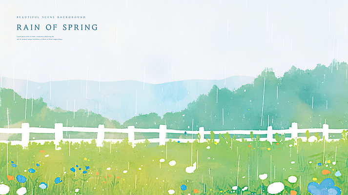 PSD 꽃밭 일러스트 하늘 수채화 산 사람없음 초록색 파란색 봄풍경 봄비 나무울타리 국내일러스트 꽃 컬러 풍경 울타리 봄 비_날씨 파일형식