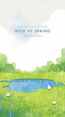 PSD 구름 한마리 꽃밭 일러스트 조류 하늘 수채화 사람없음 초록색 파란색 봄풍경 봄비 웅덩이 국내일러스트 자연요소 동물 1 꽃 컬러 풍경 봄 비_날씨 파일형식
