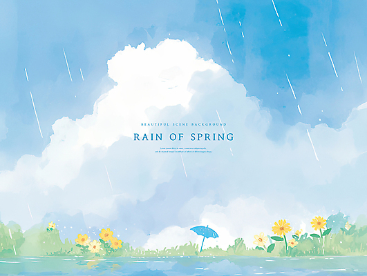 PSD 구름 호수 꽃밭 일러스트 우산 하늘 수채화 사람없음 파란색 봄풍경 봄비 국내일러스트 자연요소 꽃 컬러 풍경 봄 비_날씨 파일형식