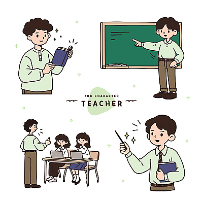 학생 여자 남자 의자 일러스트 청소년 직업캐릭터 미소 들기 앉기 여러명 성인 책 초록색 노트북 반짝임 강사 교사 칠판 가리킴 책상 교과서 분필 지시봉 일러캐릭터 AI파일 직업 캐릭터 컬러 가구 다수 모션 교재 표정 사람 손짓 전자제품 초크 파일형식 벡터