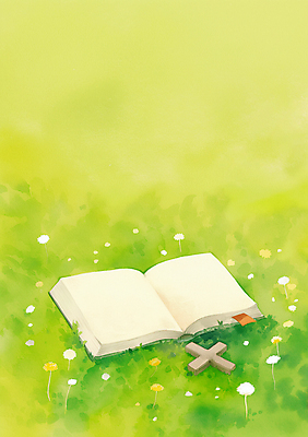 JPG 기독교 십자가 일러스트 잔디 사람없음 연두색 성경 봄 들꽃 화창 국내일러스트 AI일러스트 AI콘텐츠 식물 계절 꽃 종교 종교용품 날씨 초록색 파일형식