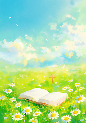 JPG 구름 기독교 십자가 일러스트 하늘 잔디 사람없음 연두색 햇빛 맑음 성경 봄 들꽃 화창 국내일러스트 AI일러스트 AI콘텐츠 자연요소 식물 계절 꽃 종교 종교용품 날씨 초록색 태양 파일형식