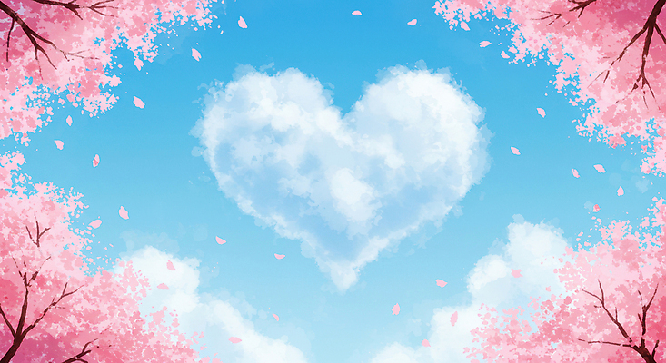 JPG 구름 꽃잎 하늘색 일러스트 하늘 프레임 사람없음 봄풍경 하트 벚나무 흩날리기 국내일러스트 AI일러스트 AI콘텐츠 자연요소 모양 나무 꽃 모션 풍경 파란색 봄 벚꽃 파일형식